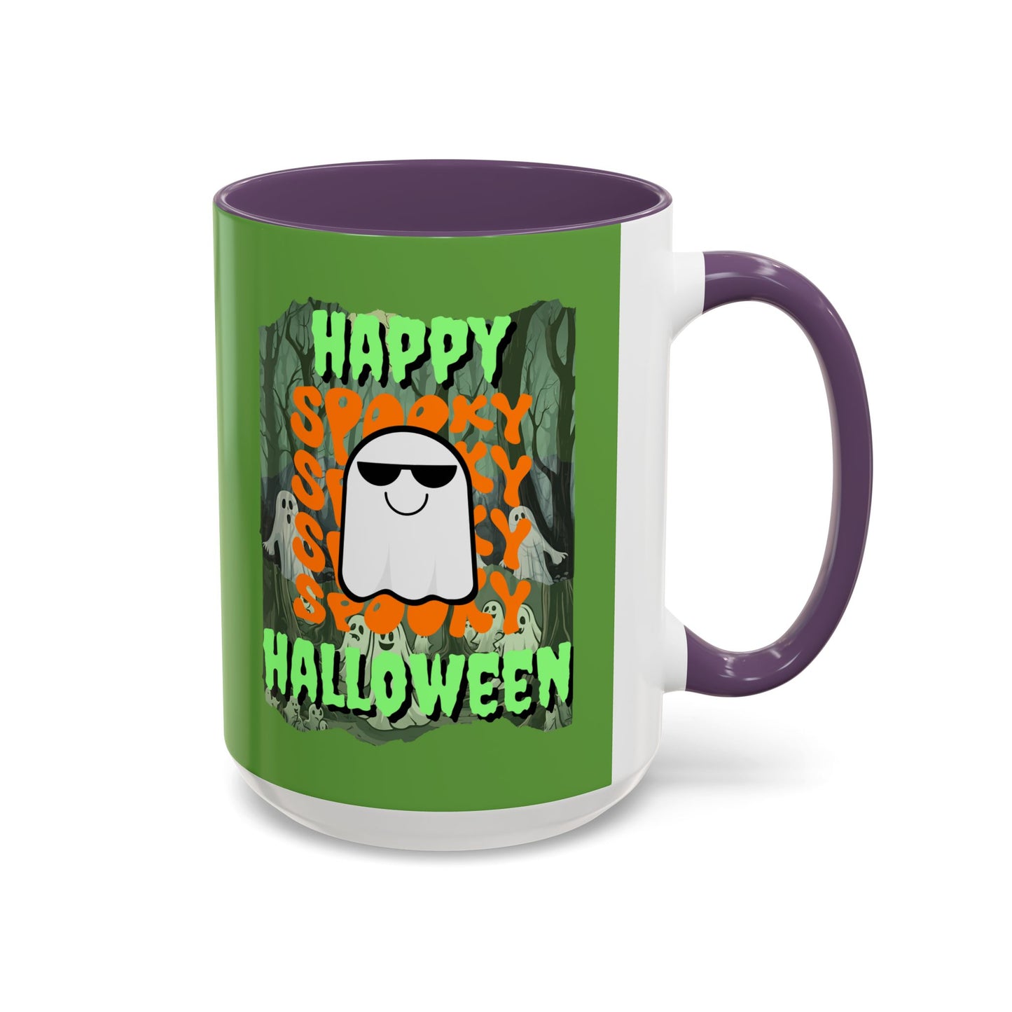 Spooky Happy Halloween Ghost Green font Green Accent Mug by CreepyCrafts.boo