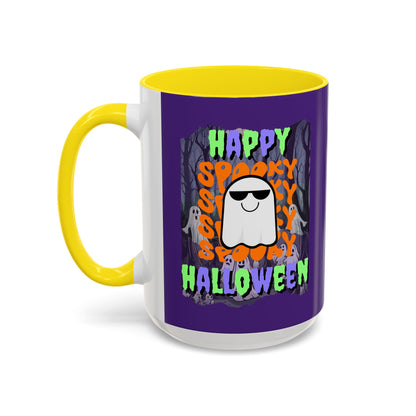 Spooky Happy Halloween Ghost Mixed font Purple Accent Mug by CreepyCrafts.boo