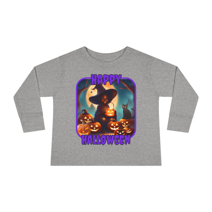 Happy Halloween Cute Witch Purple font Toddler Long Sleeve Tee by CreepyCrafts.boo