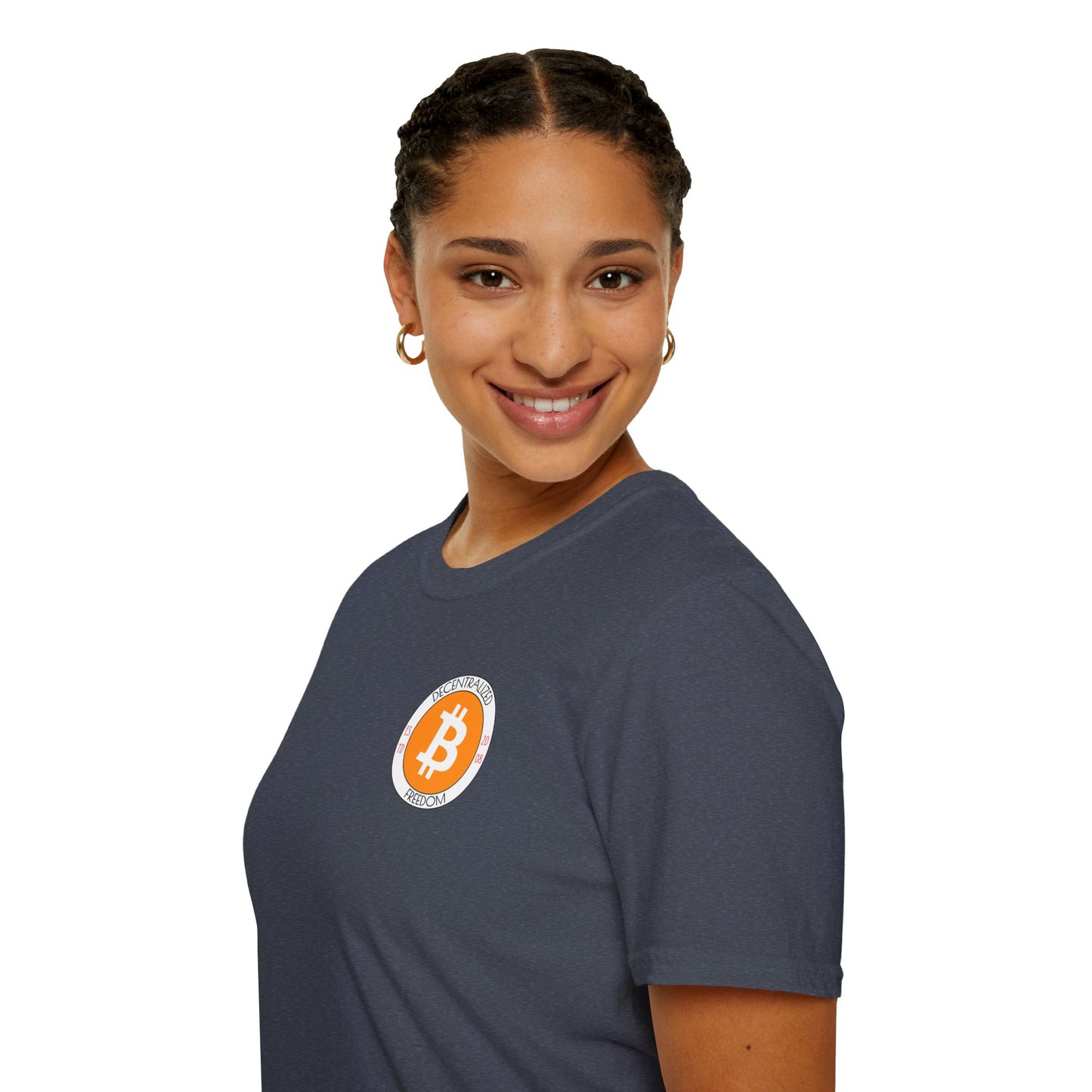 2-sided Bitcoin (BTC) Decentralized Freedom DKcolors Unisex T-Shirt by cypherpunkgear