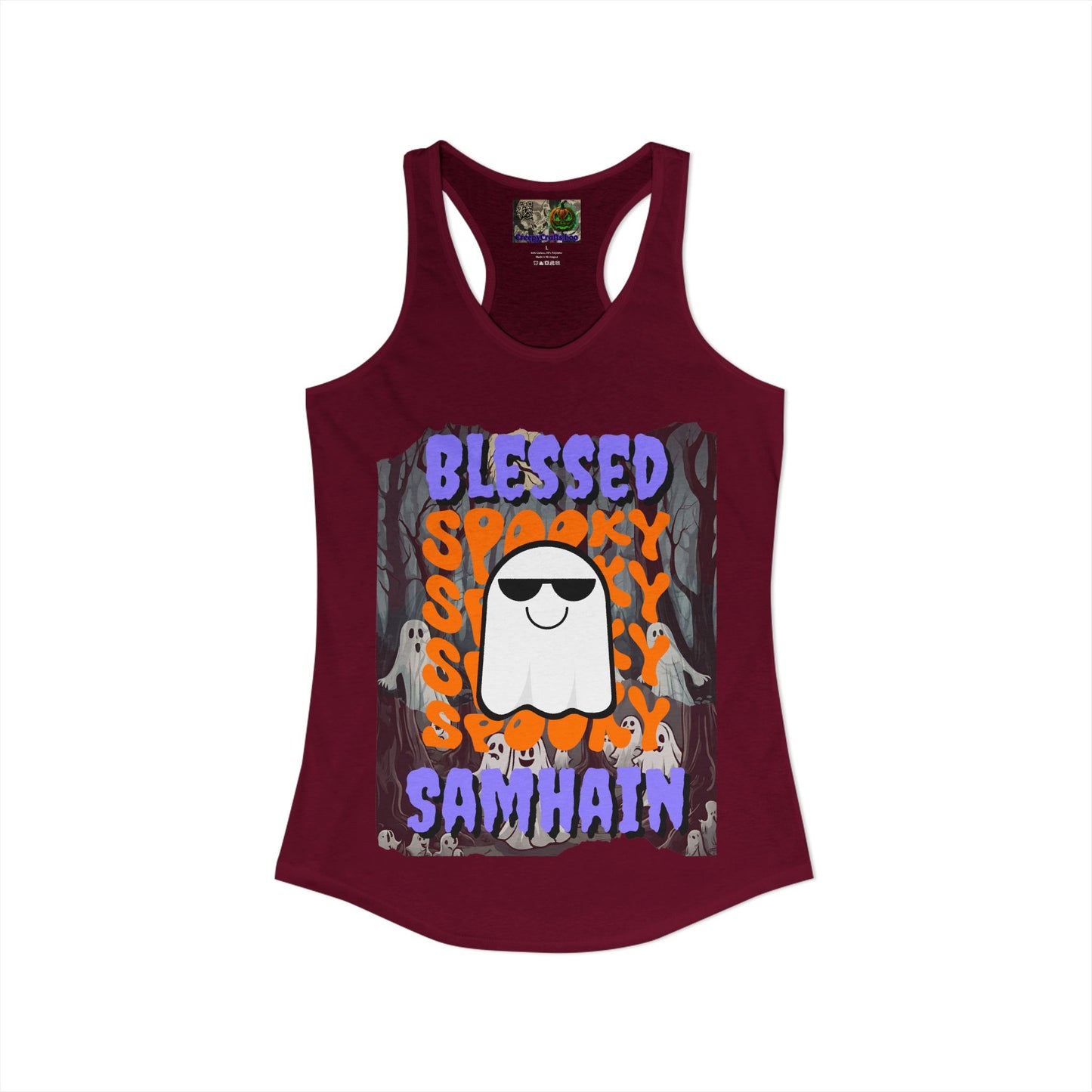 Spooky Blessed Samhain Ghost Purple font Women's Racerback Tank Top by CreepyCrafts.boo