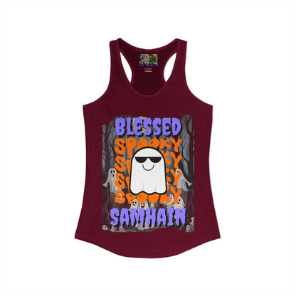 Spooky Blessed Samhain Ghost Purple font Women's Racerback Tank Top by CreepyCrafts.boo