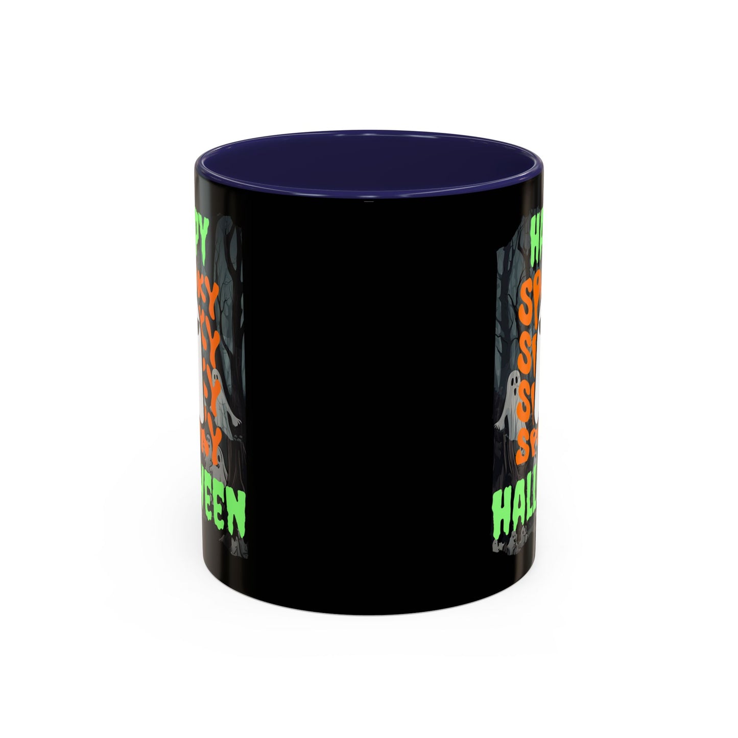 Spooky Happy Halloween Ghost Green font Black Accent Mug by CreepyCrafts.boo