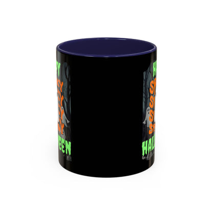 Spooky Happy Halloween Ghost Green font Black Accent Mug by CreepyCrafts.boo