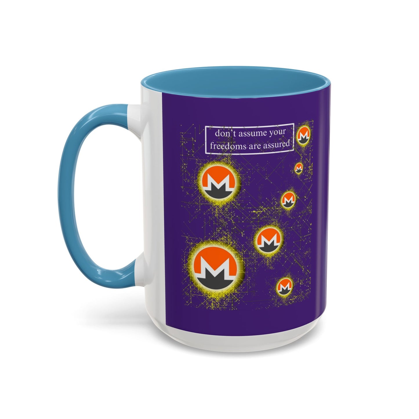 Monero (XMR) don't assume your freedoms are assured Purple Accent Mug by cypherpunkgear.com