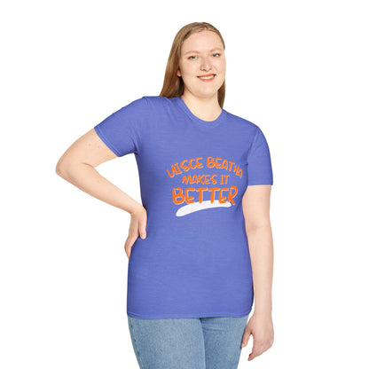 Uisce Beatha makes it better Orange font Light colors Unisex T-Shirt by cypherpunkgear.com