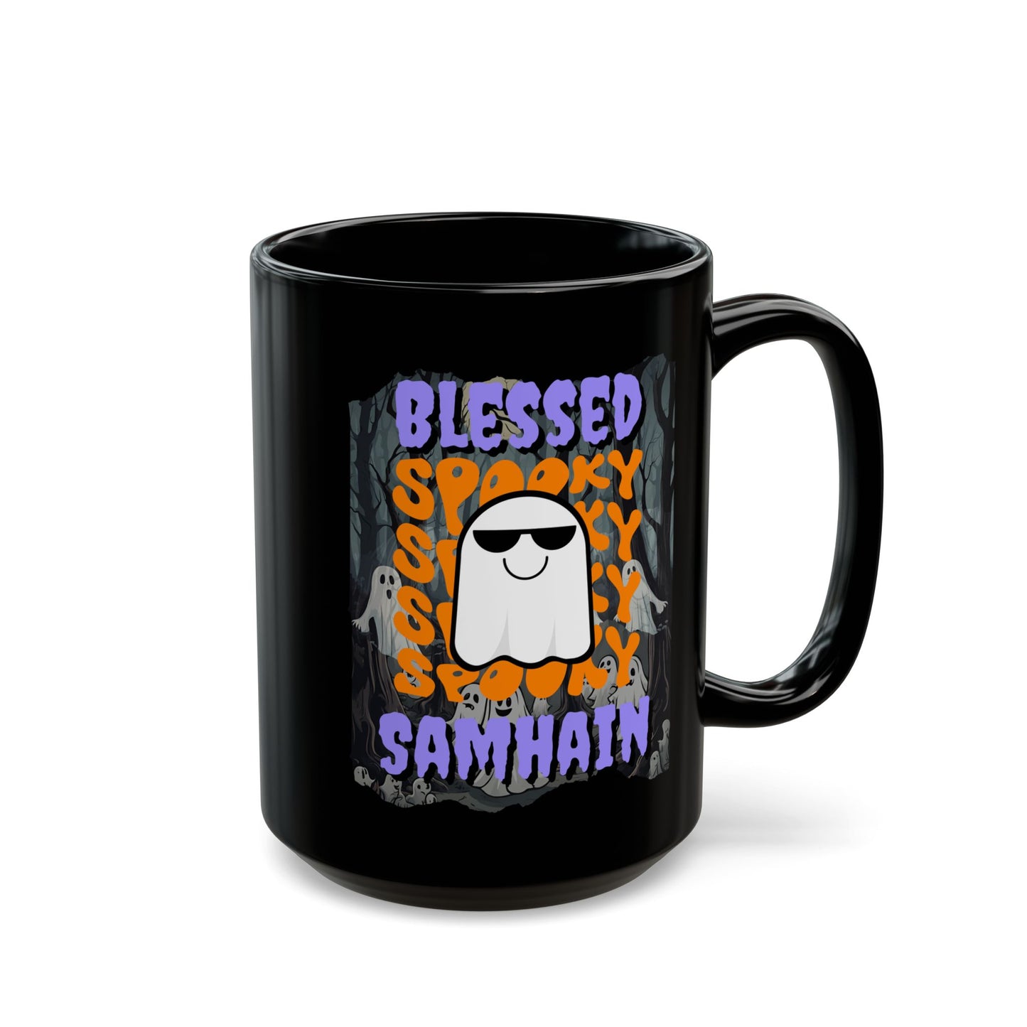 Spooky Blessed Samhain Ghost Purple font Black Mug by CreepyCrafts.boo