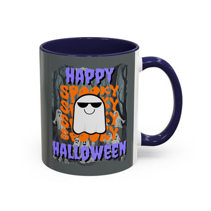 Spooky Happy Halloween Ghost Purple font Grey Accent Mug by CreepyCrafts.boo