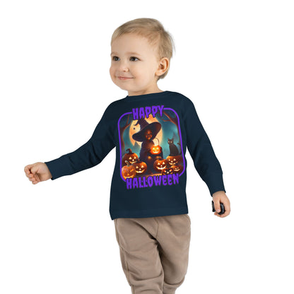 Happy Halloween Cute Witch Purple font Toddler Long Sleeve Tee by CreepyCrafts.boo