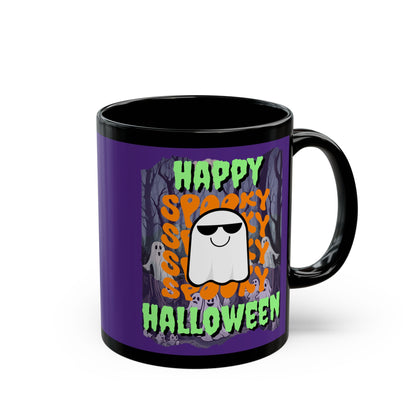 Spooky Happy Halloween Ghost Green font Purple Mug by CreepyCrafts.boo