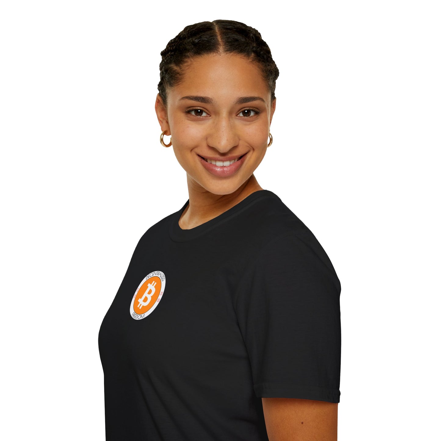 2-sided, Bitcoin (BTC) Decentralized Freedom Dark colors Unisex T-Shirt by cypherpunkgear.com