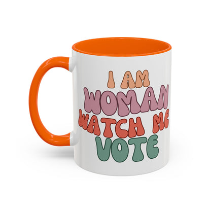 I Am Woman Watch Me Vote White Accent Mug by cypherpunkgear.com