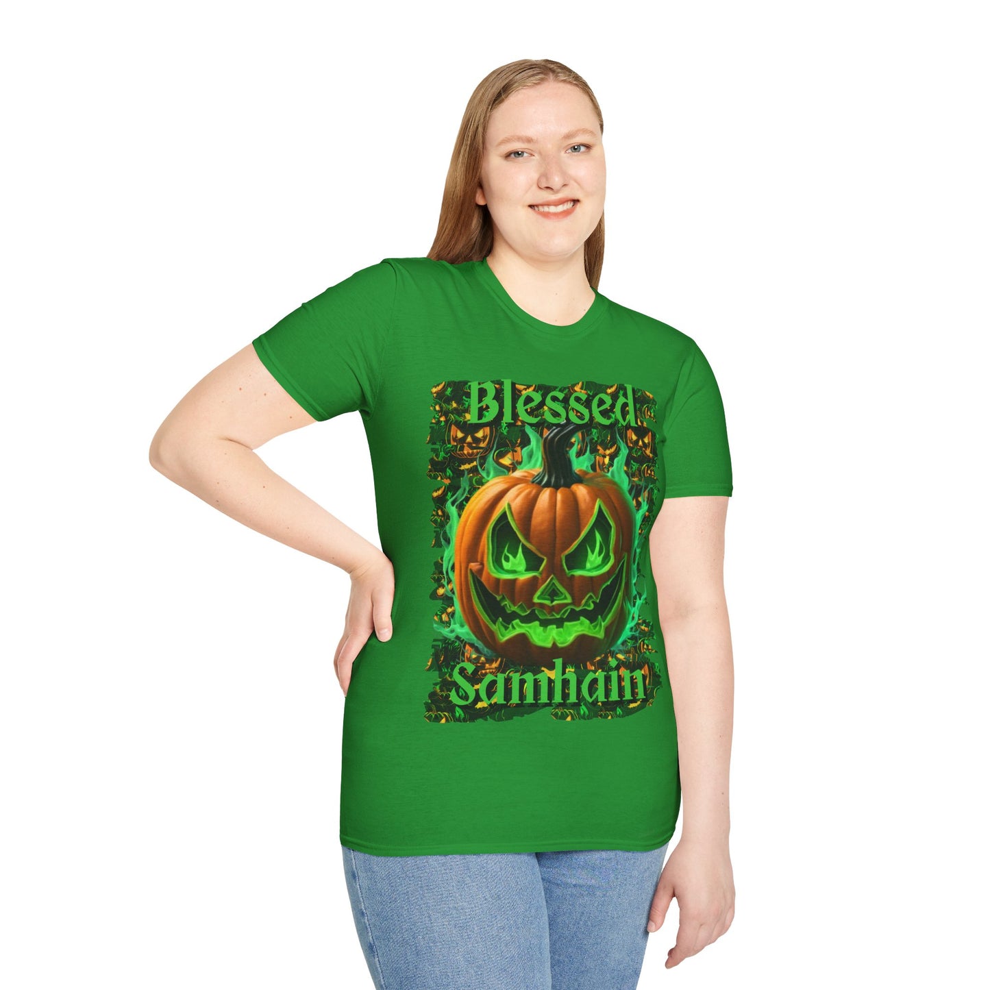 Blessed Samhain Green Jack Dark colors Unisex T-Shirt by CreepyCrafts.boo