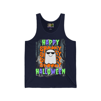 Spooky Happy Halloween Ghost Mixed font Unisex Jersey Tank Top by CreepyCrafts.boo