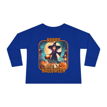 Happy Halloween Little Witch Orange font Toddler Long Sleeve Tee by CreepyCrafts.boo