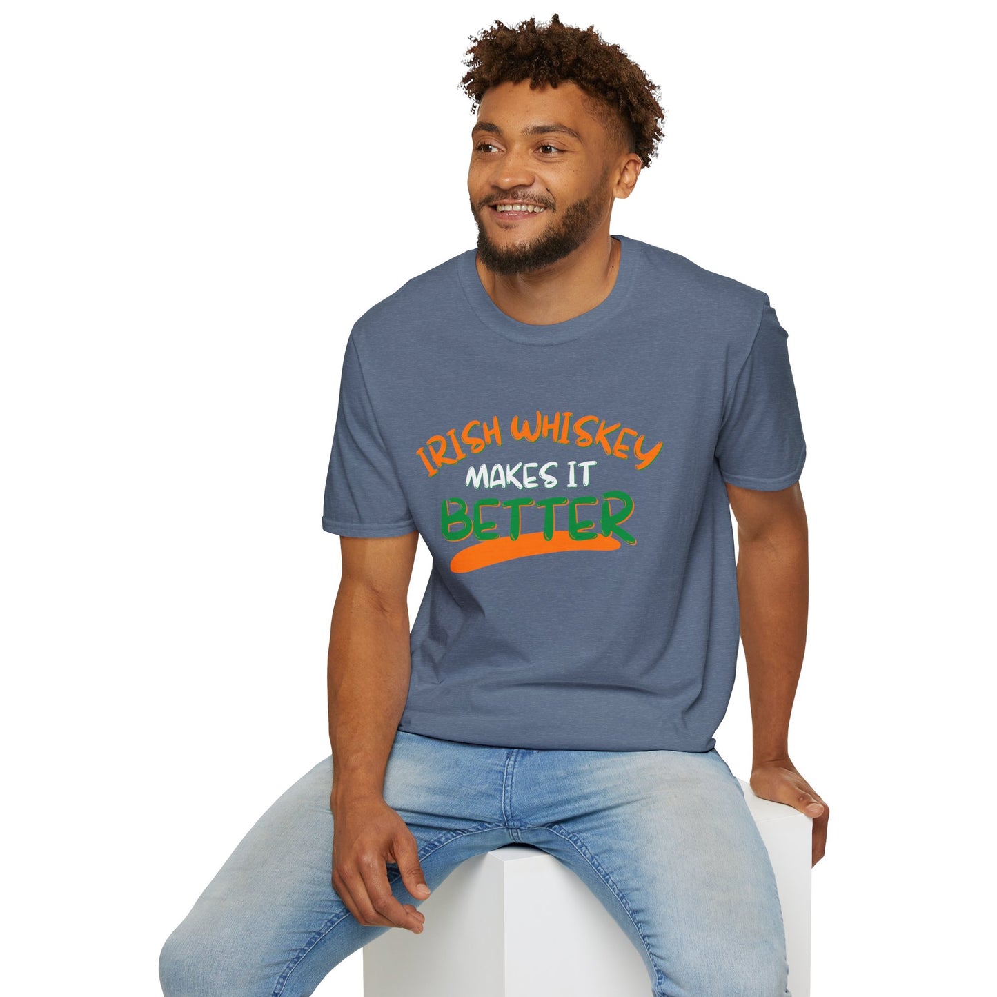 Irish Whiskey makes it better Orange, White, and Green font Dark colors Unisex T-Shirt by cypherpunkgear.com