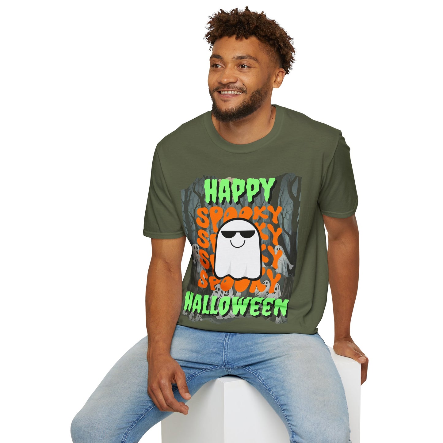 Spooky Happy Halloween Ghost Dark colors Green font Unisex T-Shirt by CreepyCrafts.boo