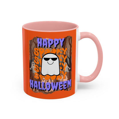Spooky Happy Halloween Ghost Purple font Orange Accent Mug by CreepyCrafts.boo