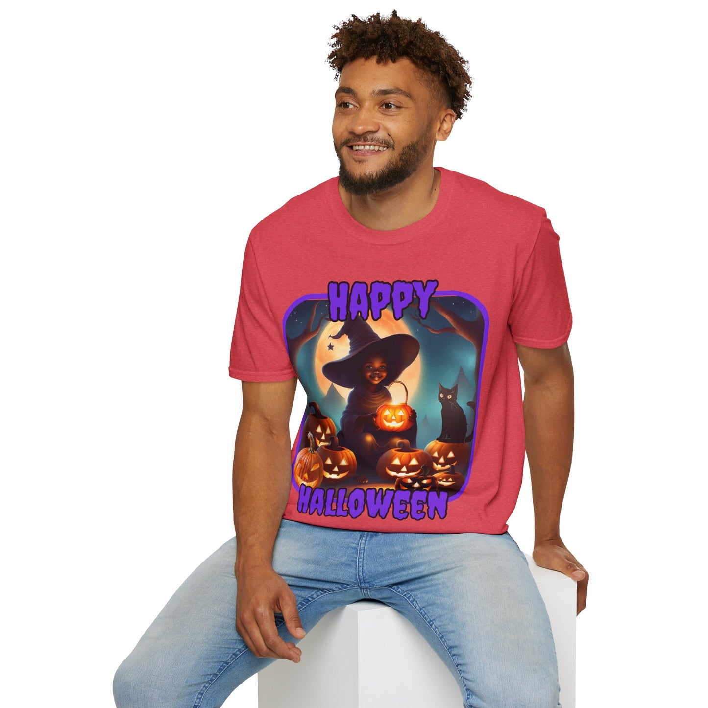 Happy Halloween Cute Witch Purple font Light colors Unisex T-Shirt by CreepyCrafts.boo