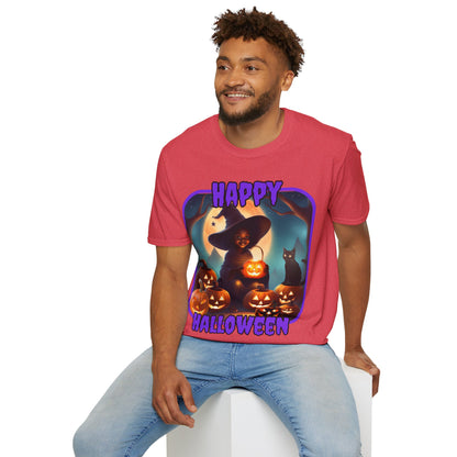 Happy Halloween Cute Witch Purple font Light colors Unisex T-Shirt by CreepyCrafts.boo