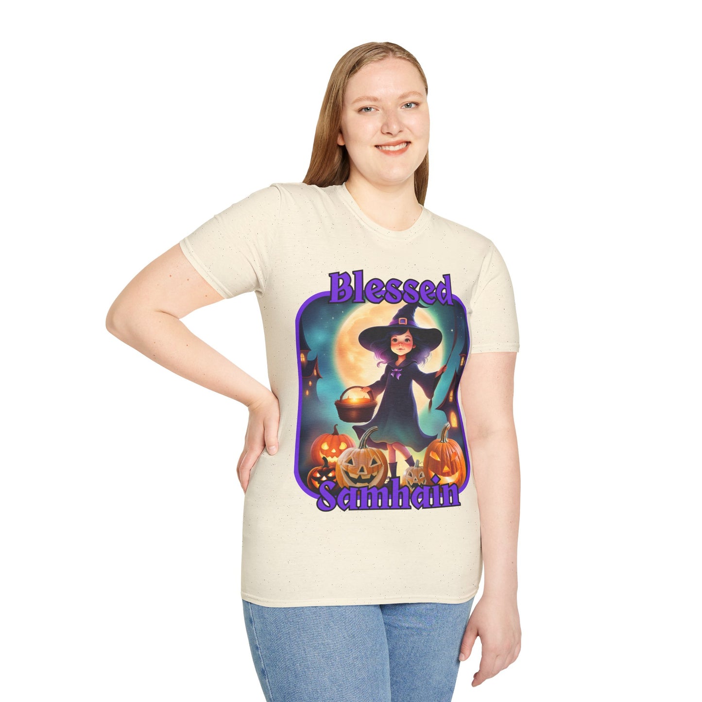 Blessed Samhain Little Witch Purple font Light colors Unisex T-Shirt by CreepyCrafts.boo