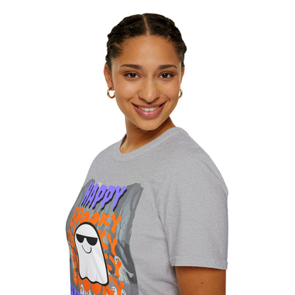 Spooky Happy Halloween Ghost Light colors Purple font Unisex T-Shirt by CreepyCrafts.boo