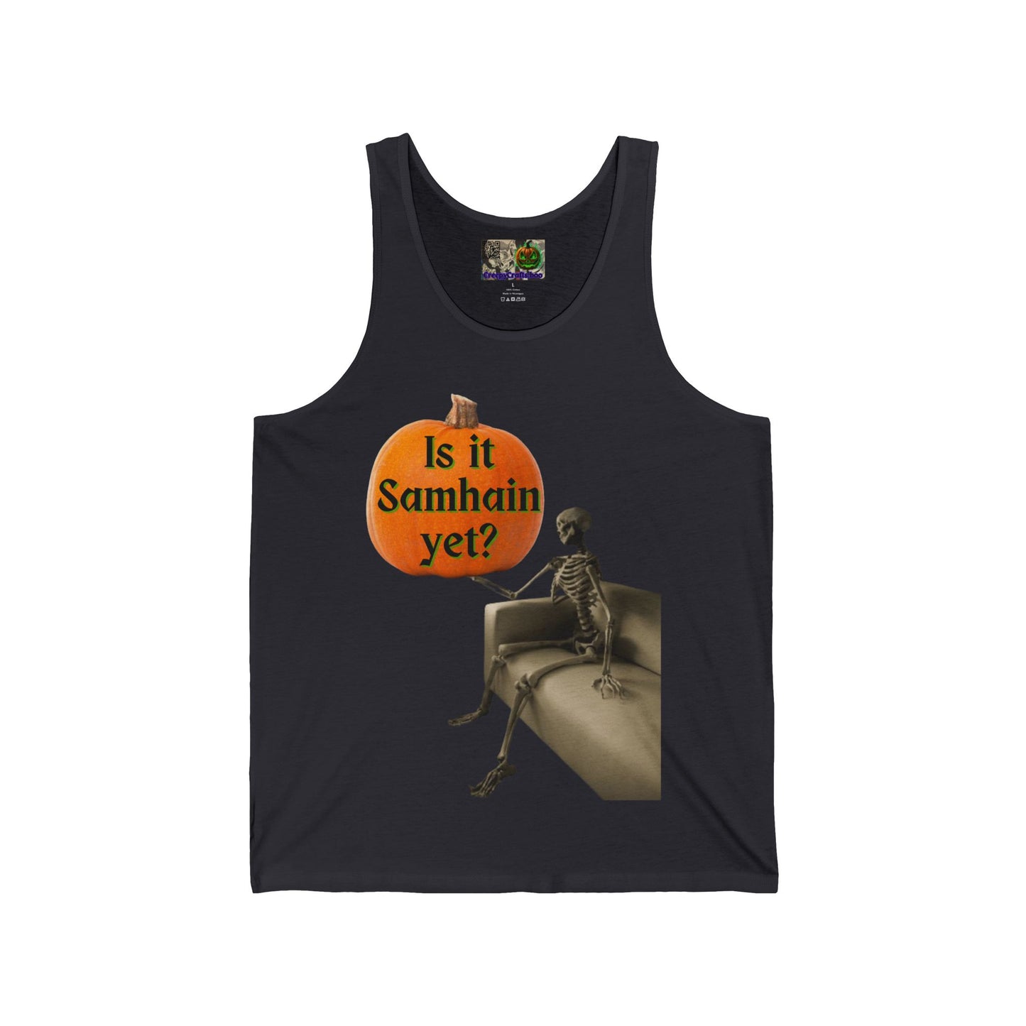 Is it Samhain yet? Skeleton's Pumpkin Unisex Jersey Tank Top by CreepyCrafts.boo