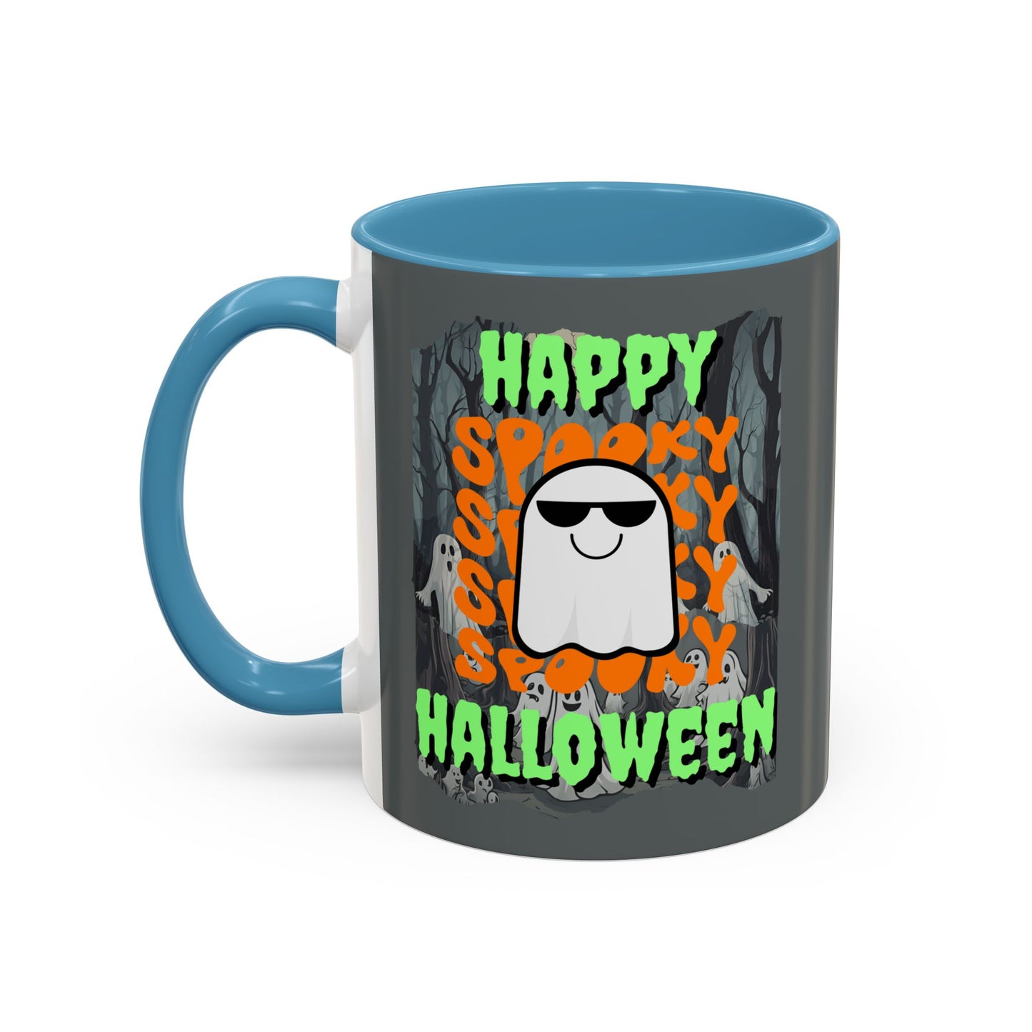 Spooky Happy Halloween Ghost Green font Grey Accent Mug by CreepyCrafts.boo