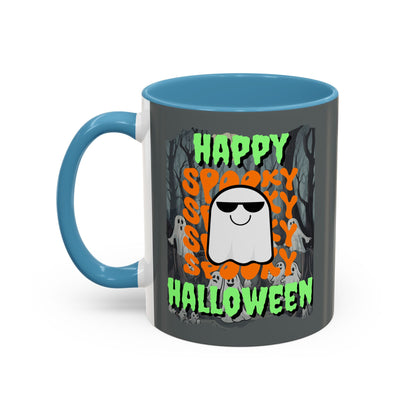 Spooky Happy Halloween Ghost Green font Grey Accent Mug by CreepyCrafts.boo