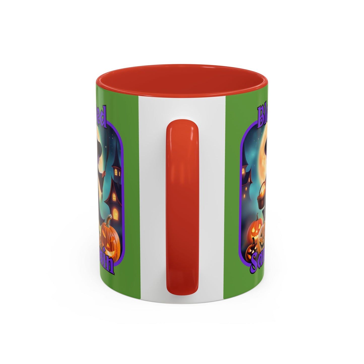 Blessed Samhain Little Witch Purple font Green Accent Mug by CreepyCrafts.boo