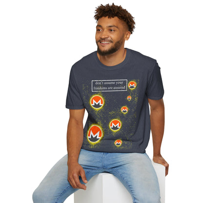 Monero (XMR) don't assume your freedoms are assured Dark colors Unisex T-Shirt by cypherpunkgear.com