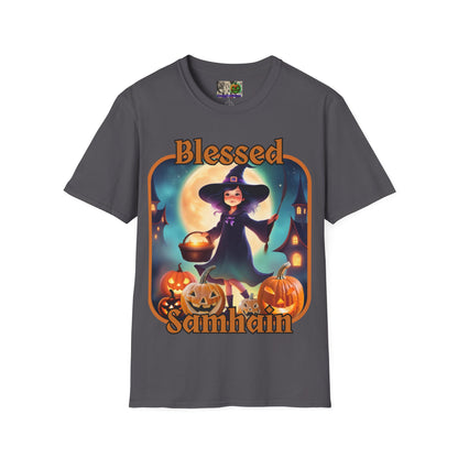 Blessed Samhain Little Witch Orange font Dark colors Unisex T-Shirt by CreepyCrafts.boo