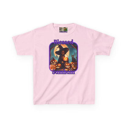 Blessed Samhain Cute Witch Purple font Kids Heavy Cotton™ Tee by CreepyCrafts.boo