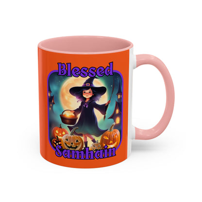 Blessed Samhain Little Witch Purple font Orange Accent Mug by CreepyCrafts.boo