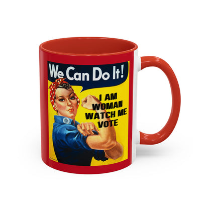 I Am Woman Watch Me Vote Rosie Red Accent Mug by cypherpunkgear.com