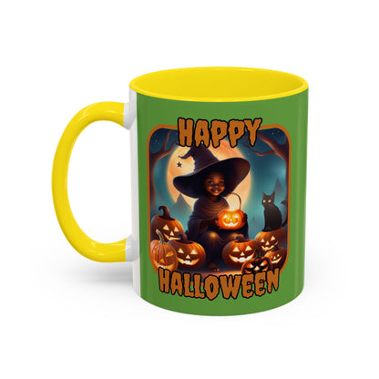 Happy Halloween Cute Witch Orange font Green Accent Mug by CreepyCrafts.boo