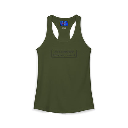 don't assume your freedoms are assured, Black font, Women's Racerback Tank Top by cypherpunkgear.com