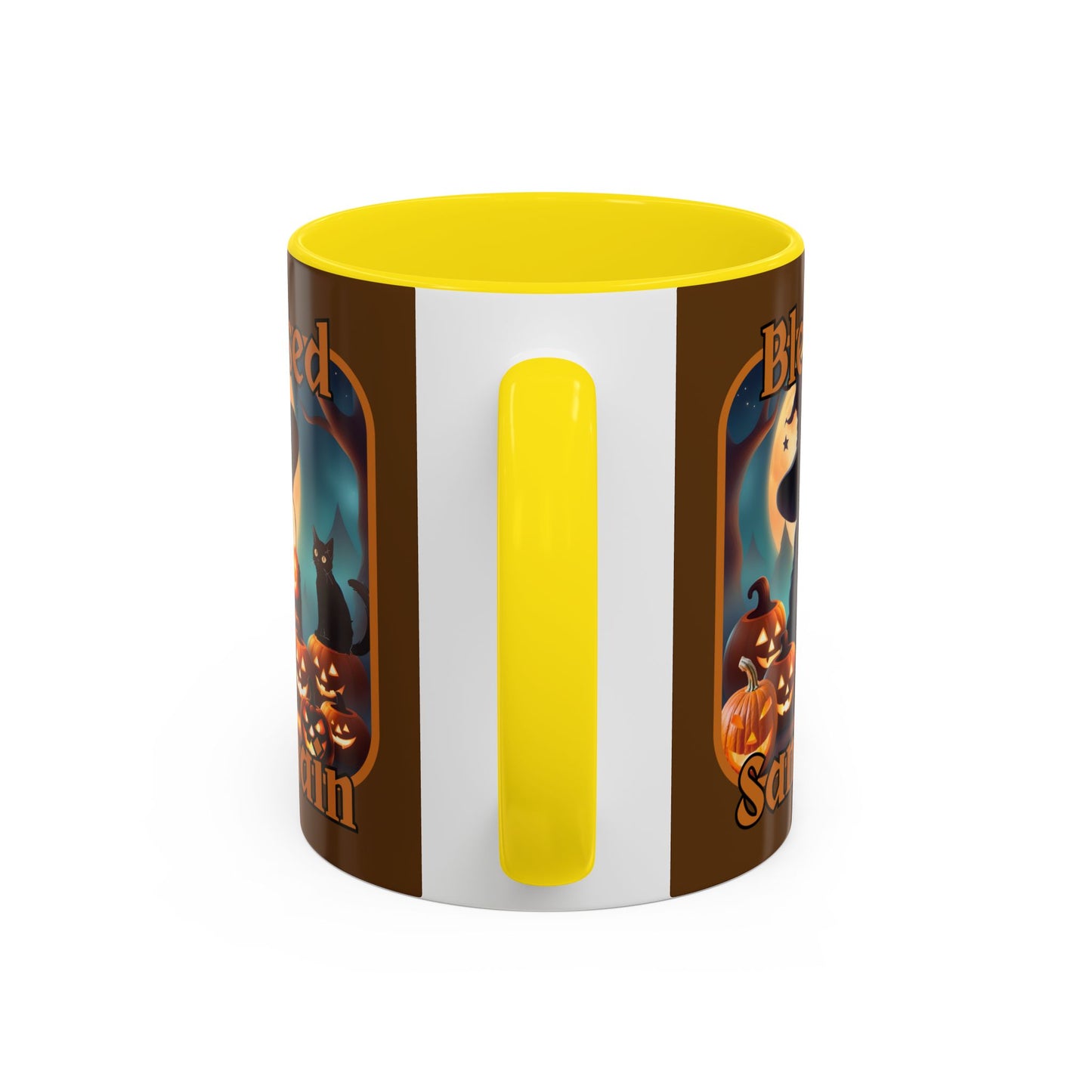 Blessed Samhain Cute Witch Orange font Brown Accent Mug by CreepyCrafts.boo
