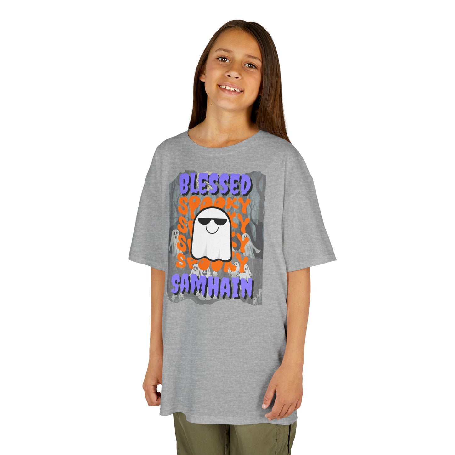 Spooky Blessed Samhain Ghost Purple font Kids Heavy Cotton™ Tee by CreepyCrafts.boo
