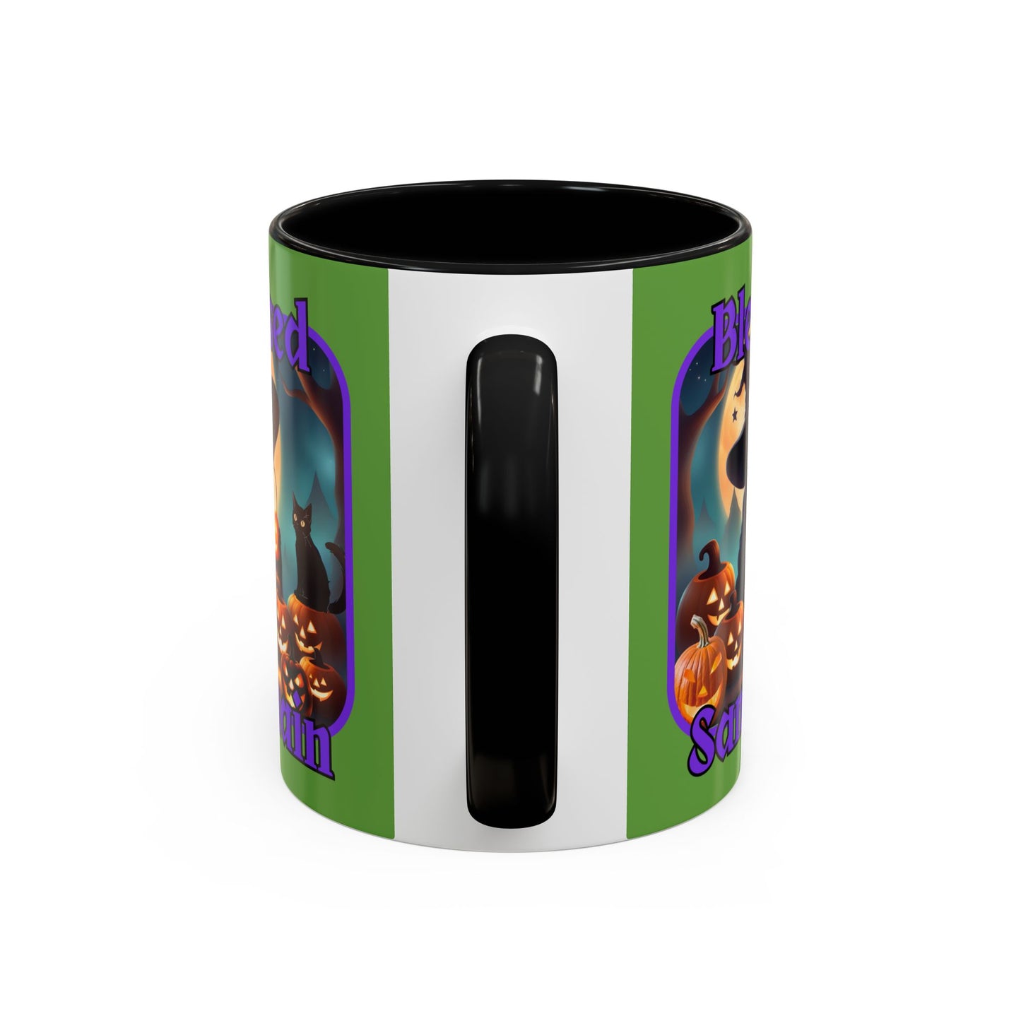 Blessed Samhain Cute Witch Purple font Green Accent Mug by CreepyCrafts.boo