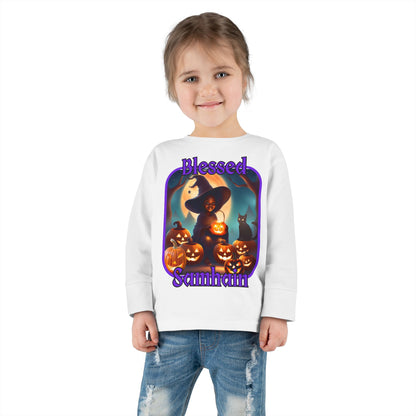 Blessed Samhain Cute Witch Purple font Toddler Long Sleeve Tee by CreepyCrafts.boo