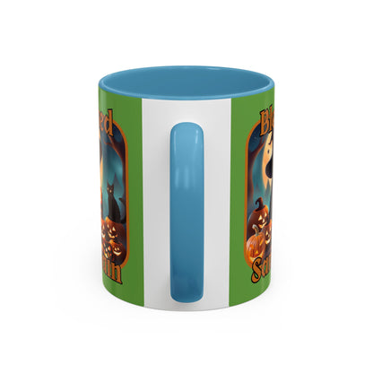 Blessed Samhain Cute Witch Orange font Green Accent Mug by CreepyCrafts.boo