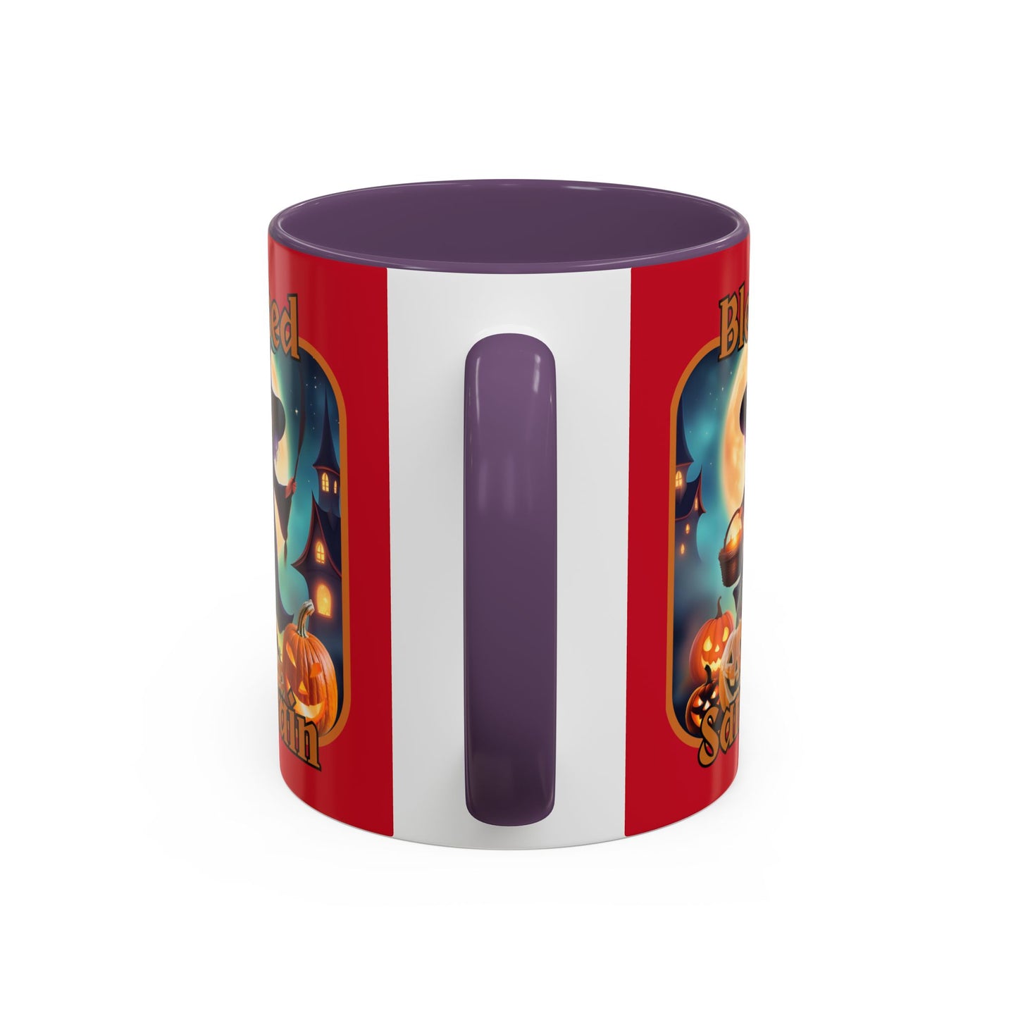 Blessed Samhain Little Witch Orange font Red Accent Mug by CreepyCrafts.boo