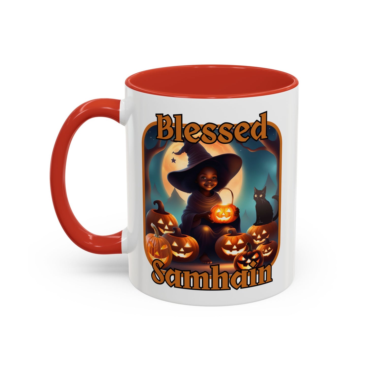 Blessed Samhain Cute Witch Orange font White Accent Mug by CreepyCrafts.boo