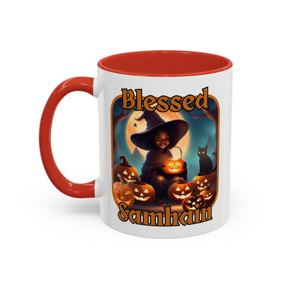 Blessed Samhain Cute Witch Orange font White Accent Mug by CreepyCrafts.boo