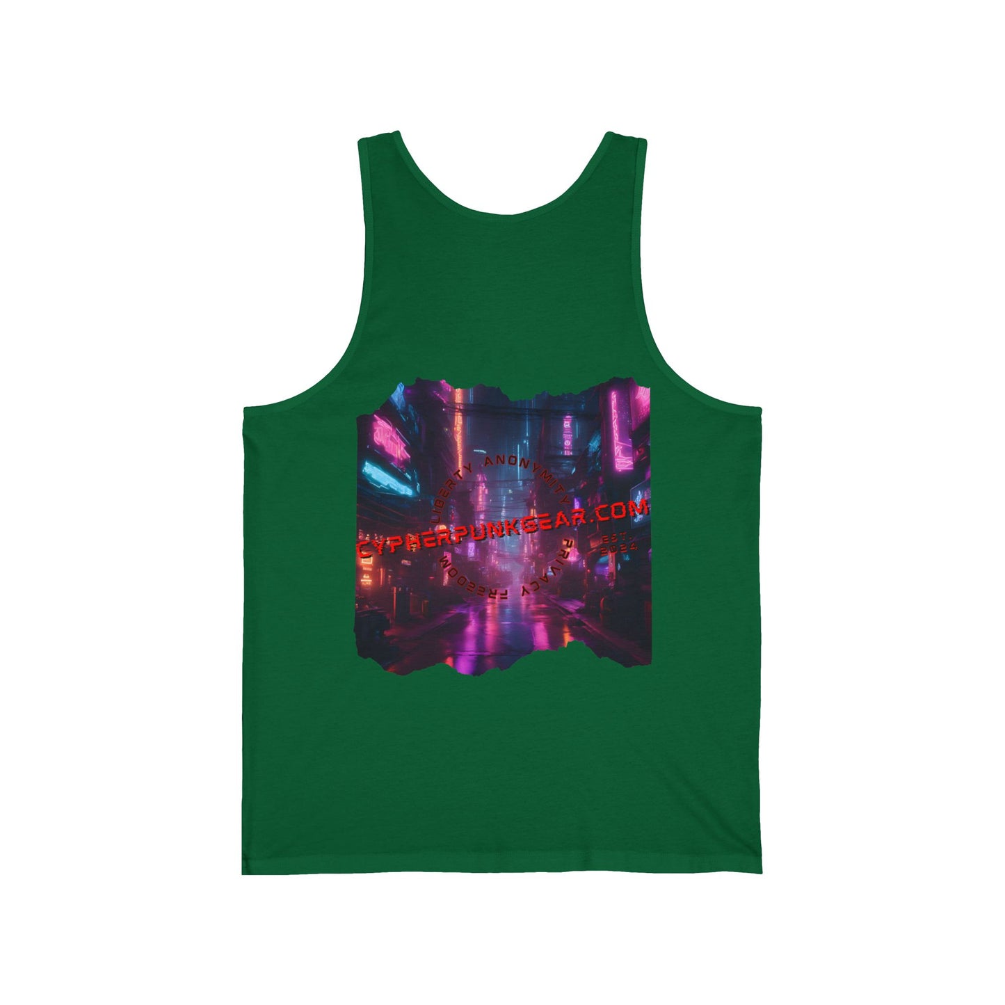2-sided, cypherpunkgear.com Logo & Cityscape Unisex Jersey Tank Top by cypherpunkgear.com