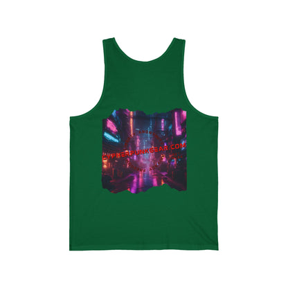 2-sided, cypherpunkgear.com Logo & Cityscape Unisex Jersey Tank Top by cypherpunkgear.com