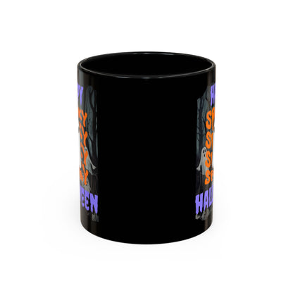 Spooky Happy Halloween Ghost Purple font Black Accent Mug by CreepyCrafts.boo