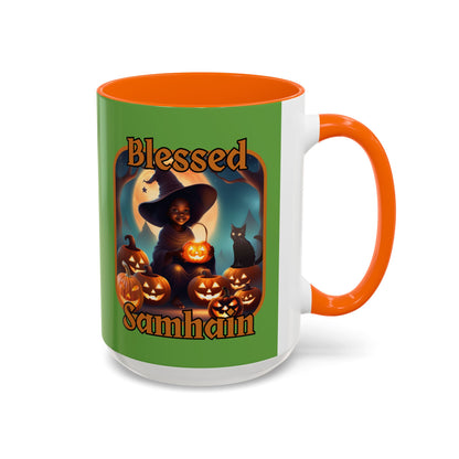 Blessed Samhain Cute Witch Orange font Green Accent Mug by CreepyCrafts.boo