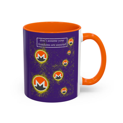 Monero (XMR) don't assume your freedoms are assured Purple Accent Mug by cypherpunkgear.com